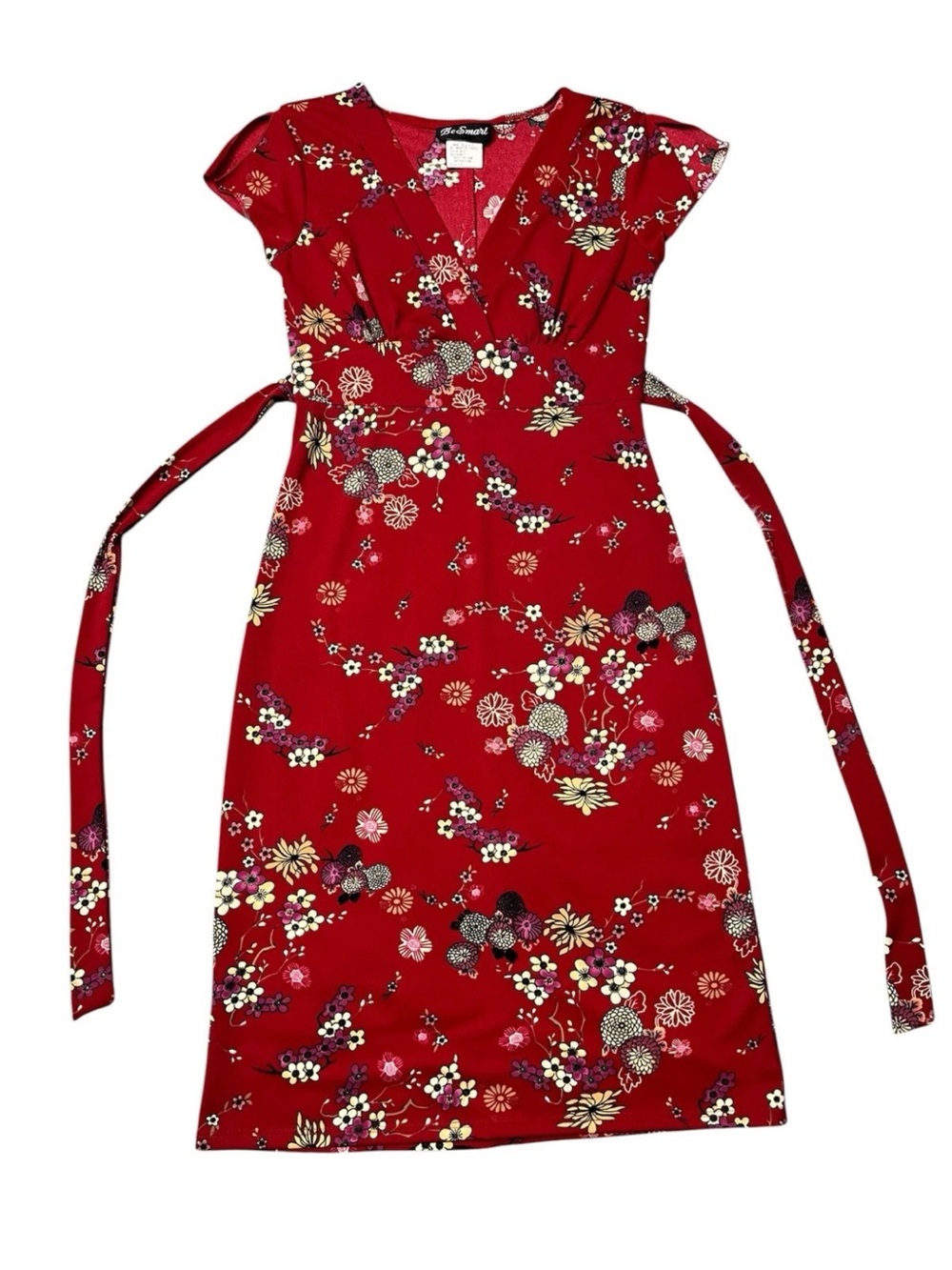 Vintage 90s Be Smart Red Made USA Floral Polyester Young Women’s Dress